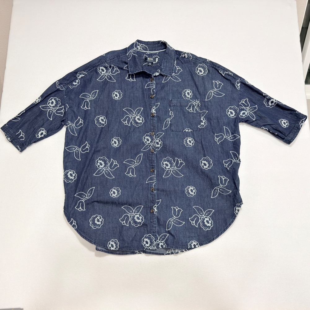 Maeve Anthropologie Denim Shirt M/L Blue Floral Cottagecore Boho Rustic Peasant - Picture 2 of 9